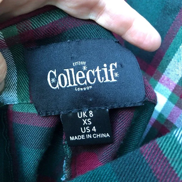 Collectif Kayden Festive Check Dungaree Dress Size XS Red Green Plaid Pinafore - Picture 13 of 14